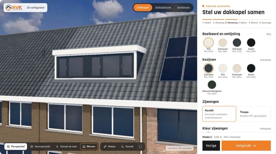 De 3D-configurator van RVK Timmer: een dakkapel samenstellen met kleuren voor boeiboord, kozijnen en zijwangen